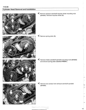 Page 128
- - 
I Cylinder Head  emo oval and Installation - 
< Remove exhaust camshaft impulse wheel mounting  nuts 
(arrows).  Remove impulse wheel 
(A). 
4 Remove spring plate (A). 
4 Remove intake  camshaft sprocltet mounting  nuts (arrows) 
and  remove  spring plate (labelled 
FRONT). 
< Remove torx screws from  exhaust camshaft sprocket 
(arrows).   