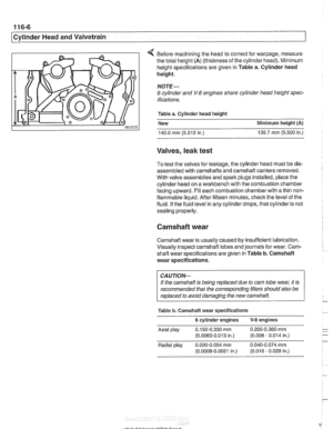 Page 182
11 6-6 
Cylinder  Head and Valvetrain 
4 Before  machining  the head  to correct  for warpage, measure 
the total height 
(A) (thickness  of the  cylinder head). Minimum 
height  specifications  are given  in Table  a. Cylinder  head 
height. 
NOTE- 
6 cylinder  and V-8 engines share  cylinder head height spec- 
ifications. 
Table  a. Cylinder  head height 
New  Minimum height 
(A) 
140.0 rnrn (5.512 in.) 139.7 rnrn (5.500 in.) 
Valves, leak test 
To test  the valves for leakage, the cylinder  head must...