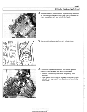 Page 219
Cylinder Head and valvetrain1 
4 Remove camshaft position sensor (A) from timing chain cov- 
er.  Remove bolts 
(arrows) from timing chain covers  and re- 
move  covers from  right and left cylinder  heads. 
4 Counterhold  intalte carnshaft  on right cylinder  head 
4 Counterhold right intalte camshaft and remove sprocltet 
mounting  bolts 
(arrows) from  right cylinder head. 
Remove carnshaft  impulse wheel and primary  chain 
sprocket. 
- Slide primary  timing chain off sprocltet and suspend chain...