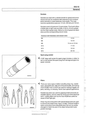 Page 25
Sockets Socltets are used  with a ratchet handle for speed  and conve- 
nience  and can be combined  with extensions  and universal 
joints  (swivels) to reach fasteners more easily.  The most 
common  socket drive sizes are 
114 inch, 318 inch and 112 inch. 
Sockets  come in 
6 point and 12 point styles.  The 6 point offers 
a  better  grip on tight nuts  and bolts. 
6 mm to 19 mm socltets 
are  the most  needed  sizes. Below is a list  of typical  bolt 
diarn- 
eters and the corresponding wrench...