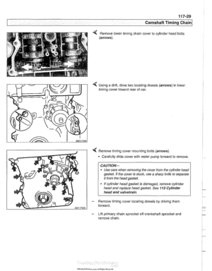 Page 265
Camshaft Timing chain1 
Using a drift,  drive two locating dowels (arrows) in lower 
timing  cover  toward  rear  of car. 
4 Remove timing  cover mounting bolts (arrows). 
* Carefully slide  cover with water  pump forward  to remove 
CAUTION- 
Use  care  when  removing the cover  from the cylinder  head 
gasket If the cover is stuck, use a sharp  knife  to  separate 
it  from the head  gasket. 
If cylinder  head gasket  is damaged, remove cylinder 
head  and replace  head 
gaslet. See 113 Cylinder 
head...