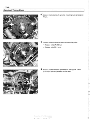 Page 282
1 17-46 
Camshaft Timing Chain 
4 Loosen intake camshaft sprocket mounting  nuts (arrows)  by 
1 turn. 
Loosen exhaust camshaft  sprocltet mounting bolts: 
Release bolts 
(A) 112 turn 
Release  nuts 
(B) 2 turns 
Pull out intake camshaft splined shaft  out approx. 
1 mm 
(0.04  in) of splines  (arrows)  can be seen.   