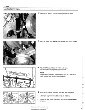 Page 336
- 
Lubrication System - - -- . - I 
< Remove oil dipstick  support from  right cylinder  head. 
4 Remove  upper nuts (arrow) from left and right  motor mounts. 
4 Attach BMW special tool 00 0 200 with tools 
i\ 201/202R04/208 (engine suppon bracket).   