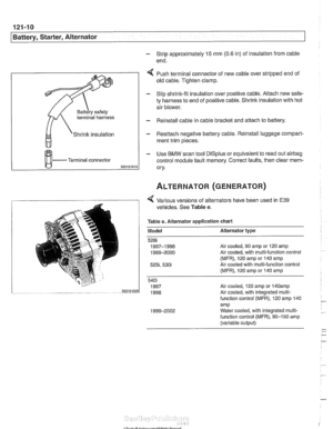 Page 376
121-10 
I Battery, Starter, Alternator 
- Strip approximately 15 rnm (0.6 in) of insulation  from cable 
end. 
terminal harness 
Shrink insulation 
Terminal  connector 
4 Push terminal connector  of new  cable  over stripped end  of 
old  cable.  Tighten  clamp. 
- Slip shrink-fit insulation  over positive cable. Attach  new safe- 
ty  harness  to end  of positive  cable. Shrink insulation with  hot 
air  blower. 
- Reinstall cable  in cable  bracket  and attach  to battery. 
- Reattach  negative...