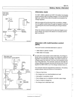 Page 377
121-11 
Battery, Starter, ~lternatorl 
Alternator 1997 - 98 5281 1997 540i 
/-- -----, 
I 
----------- 
F15 / 7.5A/ : 
&.. .... , 30 1 Xi0015 
Battery 
Hol in run 61 E (D+) Alternator 
and stsrt 
lBL 
(Generator) 
1 .--------,charge , . I , indicator I xGoli i 
I 