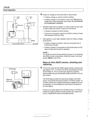 Page 418
130-28 
Fuel Injection 
ECM Relay 
4 Check  for voltage  at terminal  6 (30) at reiay socket 
If  battery voltage  is present continue testing. 
if battery voltage  is  not present, check fuse  109 (80-amp 
fusible link) under passenger seat carpet.  See 610 Electri- 
cal 
Component Locations. 
- Reinstall relay  and turn  ignition  on. Gain access to back  side 
of  reiay socket  and check  for ground  at terminal 
4. 
If ground is  present continue testing. 
If  ground is  not present,  signal 
from...