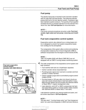 Page 473
Fuel Tank and Fuel Pump 
Fuel pump 
The electric  fuel pump  is mounted  in the fuel tank  in tandem 
with  the right  side fuel level  sender.  The fuel pump delivers 
pressurized  fuel to the  fuel injection system. 
A pressure  regu- 
lator  maintains system pressure.  The quantity  of fuel supplied 
exceeds  demand,  so excess fuel returns to  the fuel  tank  via a 
return line.  See 
130 Fuel Injection  for more information. 
NOTE- 
Fuel pump  removal procedures  are given under Fuel  level 
sender...