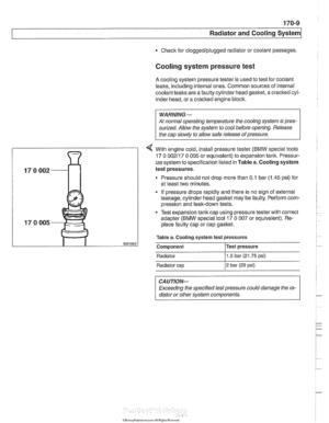 Page 505
Radiator and Cooling System 
Check  for cloggedlplugged  radiator or coolant passages. 
Cooling system pressure test 
A cooling system pressure tester is  used to test  for coolant 
leaks,  including internal ones. Common sources  of internal 
coolant leaks  are a faulty cylinder  head gasket, a 
craclted cyl- 
inder  head,  or a cracked engine block. 
WARNING- 
At  normal  operating  temperature  the cooling system is pres- 
surized.  Allow the system  to cool  before  opening.  Release 
the  cap...