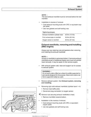 Page 529
1 Exhaust ~vsteml 
NOTE- 
The front exhaust manifold  must be removed before  the rear 
manifold. 
- Installation is  reverse of removal. 
Coat exhaust  mounting studs with  CRC or equivalent  cop- 
per  paste. 
Use  new gasltets  and self-locking  nuts. 
Tightening torques  Exhaust  manifold  to cylinder  head  20 Nm 
(15 ft-lb) 
Front  exhaust  pipe to manifold  30 Nm 
(22 ft-lb) 
Oxygen  sensor to manifold  50 
Nrn (37 ft-lb) 
Exhaust manifolds, removing and installing 
(M62 engine) 
Always use new...