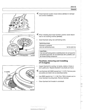 Page 555
Checlc flywheel  location dowel 
and  correct  installation.  sleeve (arrow) for 
damage 
4 When  installing dual-mass  flywheel, position dowel  sleeve 
next  to two  locating notches 
(arrows). 
- Install flywheel using  new self-locking bolts, 
Tightening torque  Flywheel  to cranltshaft 
(use  new self-locking  bolts) 
120 Nm (89 ft-lb) 
Use new self-lock~ng bolls lo rnslall llylvheel Do not reuse llle 
old slrelch-lype bolls  Do  nor rnsrall bolls wrlh Loct~lo@ or srm- 
I ilar thread licking...