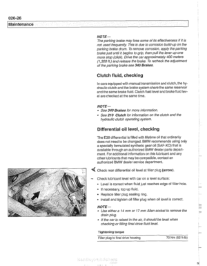 Page 58
020-26 
Maintenance 
NOTE- 
The parking  brake may  lose some  of its  effectiveness  if it is 
not  used  frequently  This is due to corrosion build-up  on the 
parking  brake drum.  To remove  corrosion,  apply the parking 
brake  just until  it begins  to grip, then pull the lever  up one 
more stop  (click). Drive the car approximately  400 meters 
(1,300 
ft.) and  release  the brake. To recheck  the adjustment 
of  the  parking  brake see 
340 Brakes. 
Clutch fluid, checking 
In cars equipped with...