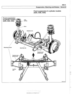 Page 623
300-3 
Suspension, Steering and Brakes - General 
Front suspension  6-cylinder models 
(5251, 5281, 530i)   