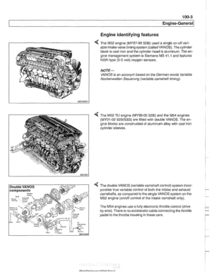 Page 69
Engine identifying features 
4 The M52 engine (MY97-98 528i) used a single on-off vari- 
able intake valve timing system (called  VANOS). The cylinder 
block is  cast iron and  the cylinder  head is aluminum. The  en- 
gine management system is Siemens  MS 41 
.I and  features 
NGK-type  (0-5 volt) oxygen sensors. 
NOTE- 
VANOS is an  acronym  based on the  German  words Variable 
Nocltenwellen Steuerung  (variable camshaft  timing). 
4 The M52 TU engine (MY99-00 5281) and  the M54  engines 
(MY01-02...