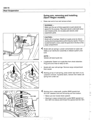 Page 712
Rear Suspension Swing arm, removing and installing 
(Sport Wagon models) 
- Raise rear end of car and  remove wheel. 
WARNING - 
Make sure the  car is firmly  supported on jack  stands de- 
signed  for the  purpose. Place jack stands  underneath struc- 
tural chassis  points. Do not place jack stands  under 
suspension parts. 
CAUJION- 
Model  with air springs:  Disable air supply  pump by discon- 
necting electricalplug 
beforeperforminganyrepairs. Pump  is 
located  beneath  a cover  under  the spare...