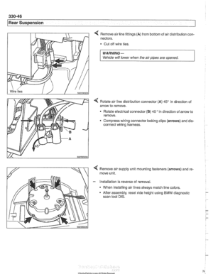 Page 742
Rear Suspension 
4 Remove  air line  fittings (A) from bottom  of air distribution  con- 
nectors. 
Cut off wire ties. 
WARNING- 
Vehicle  will lower  when the  air pipes are  opened. 
4 Rotate air  line distribution  connector (A) 45 in direction  of 
arrow to  remove. 
Rotate  electrical connector 
(B) 45 in direction  of arrow  to 
remove. 
Compress  wiring connector locking  clips 
(arrows) and dis- 
connect  wiring harness. 
< Remove air supply  unit mounting fasteners (arrows) and  re- 
move unit....