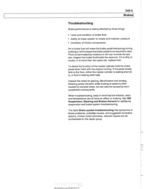 Page 767
Brakes 
Troubleshooting 
Brake performance is mainly affected by three things: 
Q Level  and condition  of brake fluid 
Ability  of bralte system to create and maintain pressure 
Condition  of friction  components 
Air  in bralte  fluid will 
make the brake  pedal feel spongy  during 
braking 
orwill increase  the bralte pedal force required  to stop. 
Fluid contaminated by moisture or dirt  can corrode  the sys- 
tem.  lnspect the brake  fluid inside the reservoir.  If it is dirty  or 
murky,  or is...