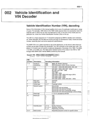Page 9
002 Vehicie identification and 
VlN Decoder 
Vehicle identification  Number (VIN), decoding 
Some of the  information  in this  manual  applies only to cars  of a parlicuiar model  year or range 
of  vears.  For 
examole. 1999  refers to the  1999  model vear but does  not necessarilv  malch the 
caiendsr year in which  the car was  manufactured  or sold. To be sure of the  model year of a 
particular car, 
checic the  Vehicle  ldentification Number (VIN) on the car. 
The  VIN is  a unique sequence  of...