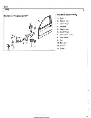 Page 824
. 
1 Doors 
Door hinge assembly 
1. Door 
2. Spacer  ring 
3. Upper hinge 
4. Hex bolt 
5. Spacer  ring 
6. Lower hinge 
7. Door check gasket 
8. Doorcheck 
9. Pin 
10.  Torx  bolt 
11.  Gasket 
12.  Cover   