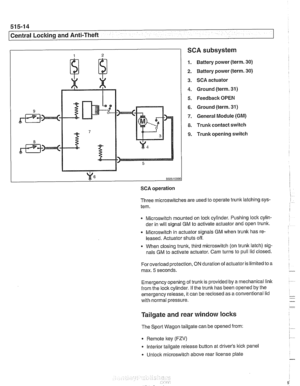 Page 908
SCA subsystem 
1. Battery power (term. 30) 
2. Battery  power (term. 30) 
3. SCA actuator 
4. Ground  (term. 31) 
5. Feedback OPEN 
6. Ground (term. 31) 
7. General  Module (GM) 
8. Trunk contact  switch 
9. Trunk opening  switch 
502515990 
SCA operation 
Three  microswitches  are used  to operate trunk latching sys- 
tem. 
Microswitch  mounted on  lock cylinder.  Pushing lock cylin- 
der  in will  signal  GM to activate actuator  and open  trunk. 
Q Microswitch  in actuator signals  GM when  trunlc...