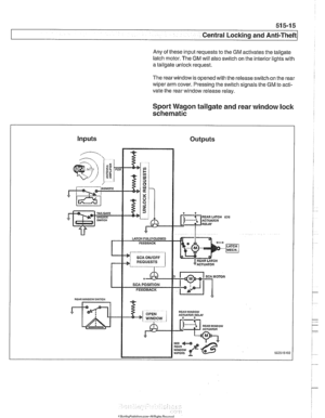 Page 909
51 5-1 5 
Central Locking and Anti-Theft 
Any  of these input requests to  the GM activates  the tailgate 
latch motor.  The 
GM will also switch on  the interior lights with 
a  tailgate unlock request. 
The  rearwindow  is opened  with the release switch  on the  rear 
wiper  arm cover.  Pressing  the switch signals  the GM to acti- 
vate the rear window release relay. 
Sport  Wagon  tailgate and  rear window  lock 
schematic 
Inputs  Outputs 
UiRWiNOOW ACTUATOR RELAY 
RUiRWINDOW ACTUlimR A L 
WIPERS   