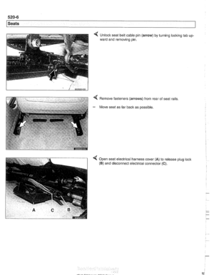 Page 926
--. . 
1 Seats 
4 Remove fasteners (arrows) from rear 
- Move seat as far back as possible.  of 
seat  rails 
4 Open seat  electrical  harness cover (A) to release  plug loclc 
(6) and disconnect  electrical connector (C).   