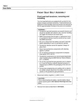 Page 942
- - 
Seat Belts 
Front seat belt tensioner, removing and 
installing 
- Disconnect  battery  negative (-) cable  in trunk. 
The 
front seat  belt loclts are equipped  with pyrotechnic  (ex- 
plosive  charge)  automatic  tensioners.  These tensioners are 
designed  to automatically retract  and tension  the seat belt  by 
55 mm (approximately 2 inches) in the  event  of an  accident. 
CAUTION- 
Prior  to disconnecting  the battery,  read the battery discon- 
nection cautions  given in 
001 General...