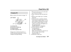 Page 12814 lbf·ft (20 N·m , 2.0 kgf·m)
4.1 US oz (120 cm
)
LEFT REAR
(1) oil drain bolt
(2) final drive oil filler cap
(3) sealing washer
(4) oil filler inspection hole(4)
(1)(3) (2)
119 Changing Oil
Final Drive Oil
Servicing Your Honda
Saf ety Precautions Refer to on page .Place the motorcycle on its side stand
on a firm, level surface.
Place a drain pan under the drain bolt
().
Remove the oil filler cap ( ) and the
drain bolt.
Af ter the oil has completely drained,
check that the sealing washer ( ) is in
good...