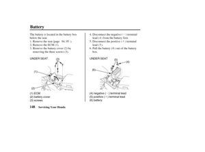 Page 157µ
´
µ
´ UNDERSEATUNDERSEAT
(5)
(4)
(6)
(4) negative ( ) terminal lead
(5) positive ( ) terminal lead
(6) battery (1) ECM
(2) battery cover
(3) screws(2)(1)(3)
148
Battery
Servicing Your Honda
Disconnect the negative ( ) terminal
lead ( ) f rom the battery f irst.
Disconnect the positive ( ) terminal
lead ( ).
Pull the battery ( ) out of the battery
box. The battery is located in the battery box
below the seat.
Remove the ECM (1).
Remove the battery cover (2) by
removing the three screws (3). Remove...