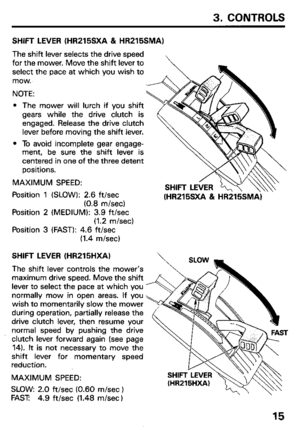 Page 173. CONTROLS 
SHIFT LEVER (HR215SXA & HR215SMA) 
The shift lever selects the drive speed 
for the mower. Move the shift lever to 
select the pace at which you wish to 
mow. 
NOTE: 
The mower will lurch if you shift 
gears while the drive clutch is 
engaged. Release the drive clutch 
lever before moving the shift lever. 
To avoid incomplete gear engage- 
ment, be sure the shift lever is 
centered in one of the three detent 
positions. 
MAXIMUM SPEED: 
Position 1 (SLOW): 2.6 ft/sec 
(0.8 m/set) 
Position 2...