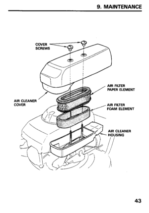 Page 459. MAINTENANCE 
COVER 
scmvs~~ 
AIR CLEANER / 
COVER 
SING 
// 
‘ 
A 
AIR FILTER 
PAPER ELEMENT 
AIR FILTER 
FOAM ELEMENT 
AIR CLEANER 
43  