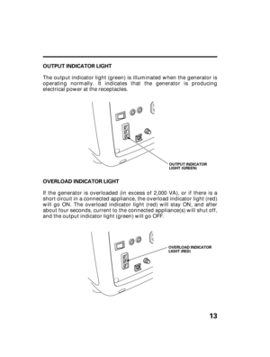 Page 1513
OUTPUT INDICATOR LIGHT
OVERLOAD INDICATOR LIGHT
OVERLOAD INDICATOR
LIGHT (RED)OUTPUT INDICATOR
LIGHT (GREEN)
The output indicator light (green) is illuminated when the generator is
operating normally. It indicates that the generator is producing
electrical power at the receptacles.
If the generator is overloaded (in excess of 2,000 VA), or if there is a
short circuit in a connected appliance, the overload indicator light (red)
will go ON. The overload indicator light (red) will stay ON, and after...