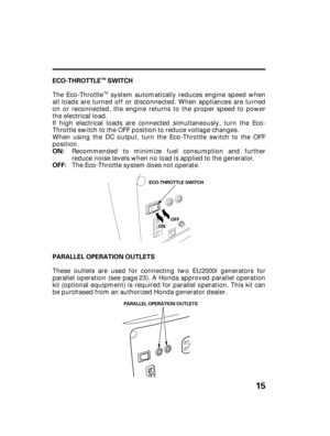 Page 1715
PARALLEL OPERATION OUTLETS ECO-THROTTLE SWITCH
ON:
OFF:
TM
OOFFFF
PARALLEL OPERATION OUTLETS
OONN ECO-THROTTLE SWITCH
The Eco-Throttle system automatically reduces engine speed when
all loads are turned off or disconnected. When appliances are turned
on or reconnected, the engine returns to the proper speed to power
the electrical load.
If high electrical loads are connected simultaneously, turn the Eco-
Throttle switch to the OFF position to reduce voltage changes.
When using the DC output, turn the...