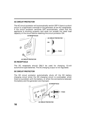 Page 1816
AC CIRCUIT PROTECTOR
DC RECEPTACLE
DC CIRCUIT PROTECTOR
PUSH AC CIRCUIT PROTECTOR AC RECEPTACLES
AC CIRCUIT PROTECTORON
OFF
ONOFF
DC CIRCUIT PROTECTORDC RECEPTACLE
PUSH
The AC circuit protector will automatically switch OFF if there is a short
circuit or a significant overload of the generator at the AC receptacles.
If the circuit protector switches OFF automatically, check that the
appliance is working properly and does not exceed the rated load
capacity of the circuit before resetting the circuit...