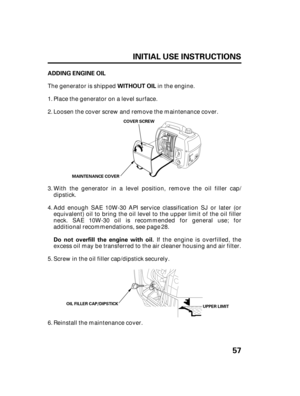 Page 5957 INITIAL USE INSTRUCTIONS
ADDING ENGINE OIL
WITHOUT OIL
Do not overfill the engine with oil.
COVER SCREW
MAINTENANCE COVER
OIL FILLER CAP/DIPSTICK
UPPER LIMIT
The generator is shipped in the engine.
With the generator in a level position, remove the oil filler cap/
dipstick.
If the engine is overfilled, the
excess oil may be transferred to the air cleaner housing and air filter.
Screw in the oil filler cap/dipstick securely.
Reinstall the maintenance cover. Add enough SAE 10W-30 API service...