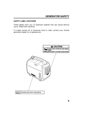 Page 75 GENERATOR SAFETY
SAFETY LABEL LOCATIONS
If a label comes off or becomes hard to read, contact your Honda
generator dealer for a replacement. These labels warn you of potential hazards that can cause serious
injury. Read them carefully.
06/12/21 09:17:03 31Z07602_006 