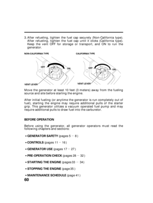 Page 62µ
µ
µ
µ
µ
60
BEFORE OPERATION
GENERATOR SAFETY
CONTROLS
GENERATOR USE
PRE-OPERATION CHECK
STARTING THE ENGINE
STOPPING THE ENGINE
MAINTENANCE SCHEDULE
VENT LEVER
OOFFFFOONN
VENT LEVEROONNOOFFFF NON-CALIFORNIA TYPE CALIFORNIA TYPE
After refueling, tighten the fuel cap securely (Non-California type).
After refueling, tighten the fuel cap until it clicks (California type).
Keep the vent OFF for storage or transport, and ON to run the
generator.
Before using the generator, all generator operators must...