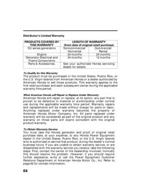 Page 6664
Distributor’s Limited Warranty
PRODUCTS COVERED BY
THIS WARRANTYLENGTH OF WARRANTY
(from date of original retail purchase)
To Qualify for this Warranty:
What American Honda will Repair or Replace Under Warranty:
To Obtain Warranty Service:
The product must be purchased in the United States, Puerto Rico, or
the U.S. Virgin Islands from American Honda or a dealer authorized by
American Honda to sell those products. This warranty applies to the
first retail purchaser and each subsequent owner during the...