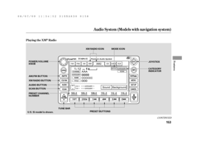Page 159CONT INUED
Playing the XMRadio
Audio System (Models with navigation system)
Features
153
SCAN BUTTONJOYSTICK
CATEGORY
INDICATOR
AUDIO BUTTON POWER/VOLUME
KNOB
PRESET BUTTONS AM/FM BUTTON
PRESET CHANNEL
NUMBERXM RADIO ICON MODE ICON
U.S. Si model is shown.XM RADIO BUTTON
TUNE BAR
——y

y
(#y
y 