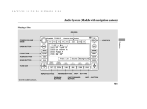 Page 167µ
´
Playing a Disc
Audio System (Models with navigation system)
Features
161
SCAN BUTTONJOYSTICK
AUDIO BUTTON POWER/VOLUME
KNOB
OPEN BUTTON
CD BUTTON
RANDOM
BUTTON REPEAT BUTTON
FAST FORWARD
BUTTON TUNE BARCD ICON
U.S. Si model is shown.REWIND BUTTONSKIP BUTTON
SKIP BUTTON
——y

y
(#y
y 