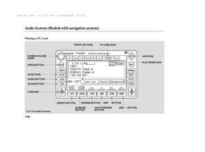 Page 176´ µ
Audio System (Models with navigation system)
Playing a PC Card
170
SCAN BUTTONJOYSTICK
AUDIO BUTTON POWER/VOLUME
KNOB
OPEN BUTTON
CD BUTTON
RANDOM
BUTTON REPEAT BUTTON
FAST FORWARD
BUTTON TUNE BAR
U.S. Si model is shown.REWIND BUTTON TRACK LIST ICON
PC CARD ICON
PLAY MODE ICON
SKIP BUTTON SKIP BUTTON
——y

y
(#y
y 