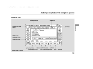 Page 189µ
´
Audio System (Models with navigation system)
Playing an iPod
Features
183
SCAN BUTTONJOYSTICK
AUDIO BUTTON POWER/VOLUME
KNOB
CD BUTTON
REPEAT BUTTON
U.S. Si model is shown.USB ICON iPod INDICATOR
SKIP BUTTON
SKIP BUTTON RANDOM BUTTONFAST FORWARD BUTTON REWIND BUTTON
——y

y
(#y
y 