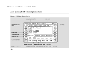 Page 196µ
´
Audio System (Models with navigation system)
Playing a USB Flash Memory Device
190
SCAN BUTTONJOYSTICK
AUDIO BUTTON POWER/VOLUME
KNOB
CD BUTTON
REPEAT BUTTON
U.S. Si model is shown.USB ICON
TUNE FOLDER BARWMA/MP3 INDICATOR
SKIP BUTTON REWIND BUTTON
RANDOM BUTTONFAST FORWARD BUTTON
SKIP BUTTON
——y


y
(#y
y 