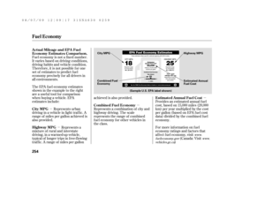 Page 260µ
µµ
µ Fuel economy is not a f ixed number.
It varies based on driving conditions,
driving habits and vehicle condition.
Theref ore, it is not possible f or one
set of estimates to predict f uel
economy precisely f or all drivers in
all environments.
Provides an estimated annual f uel
cost, based on 15,000 miles (20,000
km) per year multiplied by the cost
pergallon(basedonEPAfuelcost
data) divided by the combined f uel
economy.
For more inf ormation on f uel
economy ratings and factors that
af f ect...