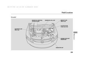 Page 305Fluid Locations
Maint enance
Si model
299
RADIATOR CAP WASHER FLUID
(Blue cap)
ENGINE COOLANT
RESERVOIR CLUTCH FLUID
(Light gray cap) ENGINE OIL DIPSTICK
(Orange handle)BRAKE FLUID
(Black cap) ENGINE OIL FILL CAP
——y

y
(#yy 