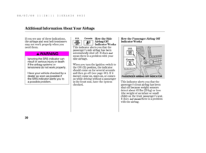 Page 36This indicator alerts you that the
passenger’s f ront airbag has been
shut of f because weight sensors
detect about 65 lbs (29 kg) or less
(the weight of an inf ant or small
child) on the f ront passenger’s seat.
It does there is a problem
with the airbag. If you see any of these indications,
the airbags and seat belt tensioners
may not work properly when you
need them. This indicator alerts you that the
passenger’s side airbag has been
automatically shut off. It does
mean there is a problem with your...