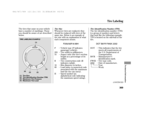 Page 375µ
µ
µ
µ µ
µ
µ
µ
µ
µ
µ The tires that came on your vehicle
have a number of markings. Those
you should be aware of are described
below.The tire identif ication number (TIN)
is a group of numbers and letters
that look like the f ollowing example.
TIN is located on the sidewall of the
tire.
This indicates that the tire
meets all requirements of
the U.S. Department of
Transportation.
Manuf acturer’s
identification mark.
Tire type code.
Date of manuf acture. Whenever tires are replaced, they
should...