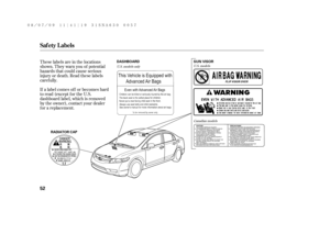 Page 58These labels are in the locations
shown. They warn you of potential
hazards that could cause serious
injury or death. Read these labels
caref ully.
If a label comes of f or becomes hard
to read (except for the U.S.
dashboard label, which is removed
by the owner), contact your dealer
f or a replacement.U.S. models
Canadian models U.S. models only
Saf ety L abels
52
DASHBOARD SUN VISOR
RADIATOR CAP
——y



y
(#yy 