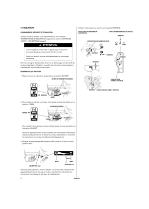 Page 24UTILISATION
CONSIGNES DE SECURITE D’UTILISATION
DEMARRAGE DU MOTEUR
FRANÇAIS
MARCHE
LEVIER DES GAZCONTACTEUR D’ARRET MOTEUR
CONTACTEUR
D’ARRET MOTEUR
CONTACTEUR D’ARRET MOTEUR LEVIER DE ROBINET D’ESSENCE
MMAARRCCHHEE
LEVIER DE STARTERMARCHE
MARCHE
MARCHEMARCHE
MMAAXXII
POSITION 1/3MMIINNII
OOUUVVEERRTT
MMAARRCCHHEE
MARCHE
FERME
FFEERRMMEE
MMIINNIITYPES A DEMARREUR ELECTRIQUE SAUF TYPES A DEMARREUR
ELECTRIQUE
ARRET
4
Avant d’utiliser le moteur pour la première fois, lire la section
INFORMATIONS DE...