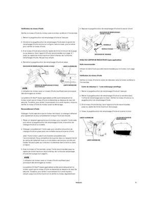 Page 29FRANÇAIS
HUILE DU CARTER DE REDUCTEUR (types applicables)
Huile recommandée Vérification du niveau d’huile
Renouvellement d’huileCarter de réducteur 2 : 1 avec embrayage centrifuge Vérification du niveau d’huile
RONDELLE
JAUGE/BOUCHON DE
REMPLISSAGE LIMITE INFERIEURE BOUCHON DE REMPLISSAGE/JAUGE A HUILEBOUCHON DE REMPLISSAGE/
JAUGE A HUILE
BOUCHON DE VIDANGENIVEAU D’HUILE
LIMITE INFERIEURE ORIFICE DE REMPLISSAGE D’HUILE
(bord inférieur)
LIMITE SUPERIEURE LIMITE SUPERIEURE
9
Reposer la jauge/bouchon de...