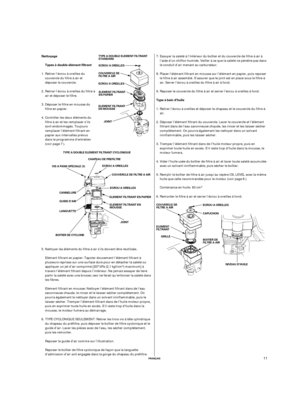 Page 31FRANÇAIS
Nettoyage
Types à double élément filtrant
Type à bain d’huileTYPE A DOUBLE ELEMENT FILTRANT
STANDARD
COUVERCLE DE
FILTRE A AIR
JOINT
TYPE A DOUBLE ELEMENT FILTRANT CYCLONIQUE
VIS A PANS SPECIALE (3)
BOITIER DE CYCLONECOUVERCLEDEFILTREAAIR
ECROU A OREILLES
ELEMENT FILTRANT EN PAPIER
JOINT
GRILLECAPUCHON ECROU A OREILLES
ECROU A OREILLES
ELEMENT FILTRANT
EN PAPIER
ELEMENT FILTRANT
EN MOUSSE
CHAPEAU DE PREFILTRE
ECROU A OREILLES
ELEMENT FILTRANT EN
MOUSSE
LANGUETTE CANNELURE
GUIDE D’AIR
COUVERCLE...